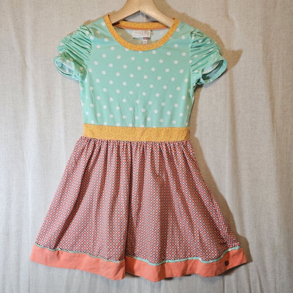 Matilda Jane 435 Girls Size 8 Mixed Print Knit Dress Mint Polka Dot Pink Peach